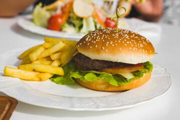 photo of a delicious burger with fries for the restaurant menu, fast food