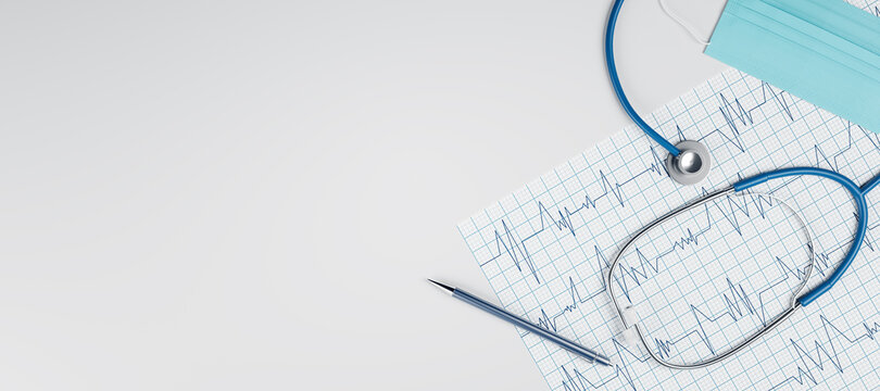 Top view of wide white desktop with stethoscope, cardiogram pen and mock up place. Doctor's office, workplace and diagnosis concept. 3D Rendering.
