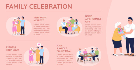 Family celebration flat color vector infographic template. Express love and care. Poster with text, PPT page concept design with cartoon characters. Creative data visualization. Info banner idea