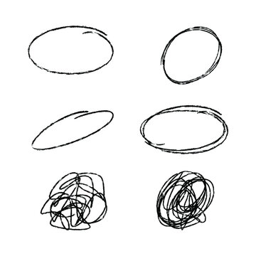 Vector Set of 9 Hand Drawn Scribble Circles. Paint ink brush strokes. Uniqiue handdrawn shapes of ovals for logo and graphic design. Isolated black vector illustration on a white background.
