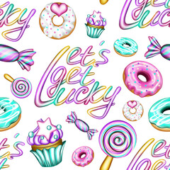 Donuts and lollipops seamless pattern for kids,  repeating background of lollipops, donuts, cupcakes and let's get lucky lettering