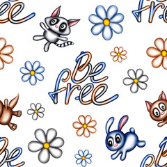 Cartoon forest animals seamless pattern for kids, repeating background of cute raccoons, squirrels, hares, flowers and lettering be free