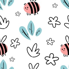 Hand-drawn cute bee seamless pattern