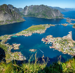 Norway, Lofoten Islands, a view of the Reine city from a height, beautiful landscape, panoramic view