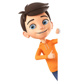 Cartoon boy character in orange sweatshirt showing thumb up peeking out from behind a blank board. 3d render illustration.
