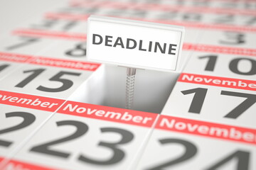 DEADLINE plate on November 16 in a calendar, 3d rendering