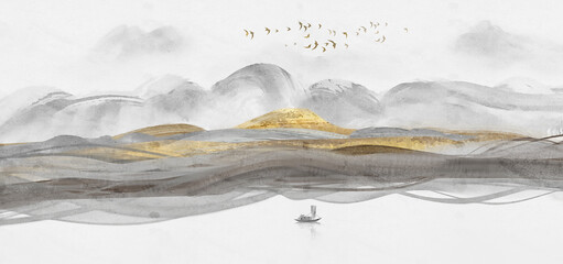 Hand painted Chinese style artistic conception golden Abstract landscape painting