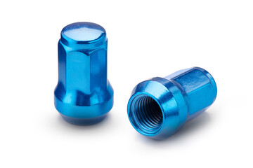 blue wheel nuts turnkey heptahedron, new and shiny wheel fasteners for car tuning