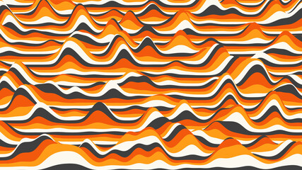 Retro orange stripes distorted backdrop. Procedural vintage ripple background with optical illusion effect