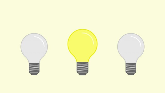 Different think. Concept of idea or insight work. Motion graphic video animation of white light bulbs and one yellow light lamp.