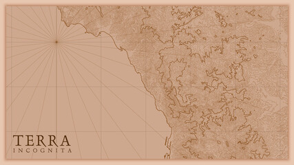 Ancient abstract earth relief old map. Generated conceptual vector elevation map of fantasy landscape.