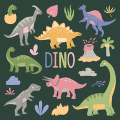 Set of various cartoon dinosaurs among tropical plants, palm trees, volcanoes and DINO lettering. Cute colorful animals isolated on green background. Hand drawn modern trendy flat vector illustration. © Alice