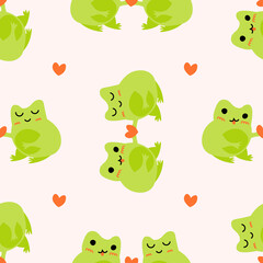 Obraz premium Cute cartoon frogs with hearts. Enamored green toads. Vector animal characters seamless pattern of amphibian toad drawing.Childish design for baby clothes, bedding, textiles, print, wallpaper.