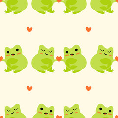 Obraz premium Cute cartoon frogs with hearts. Enamored green toads. Vector animal characters seamless pattern of amphibian toad drawing.Childish design for baby clothes, bedding, textiles, print, wallpaper.