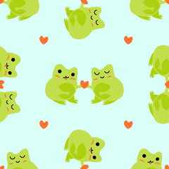 Obraz na płótnie Canvas Cute cartoon frogs with hearts. Enamored green toads. Vector animal characters seamless pattern of amphibian toad drawing.Childish design for baby clothes, bedding, textiles, print, wallpaper.