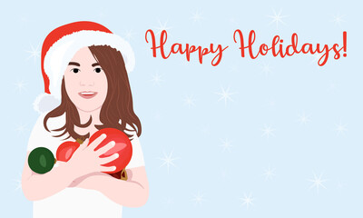 Christmas card with a little girl holding Christmas balls. Christmas design. Lettering of Happy Holidays. Christmas decorations, snowflakes, baby.