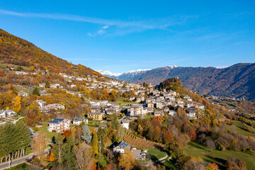 Fototapeta na wymiar Teglio in Valtellina, Italy, Aerial view of the town in autumn 
