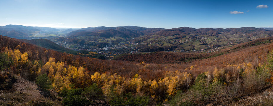 Panoramic view of autumn forest from lookout tower Haj in Nova Bana, Slovak republic