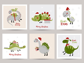 Set of Christmas cards with cute dinosaurs.