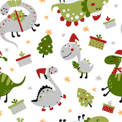 Seamless pattern with cute dinosaurs.