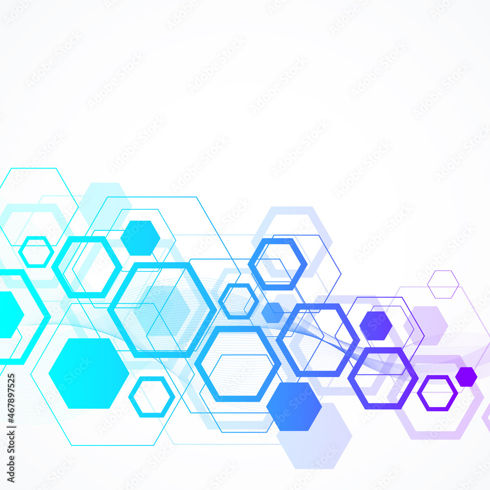 Poster Abstract hexagonal background with waves. Hexagonal molecular structures. Futuristic technology background in science style. Graphic hex background for your design, illustration