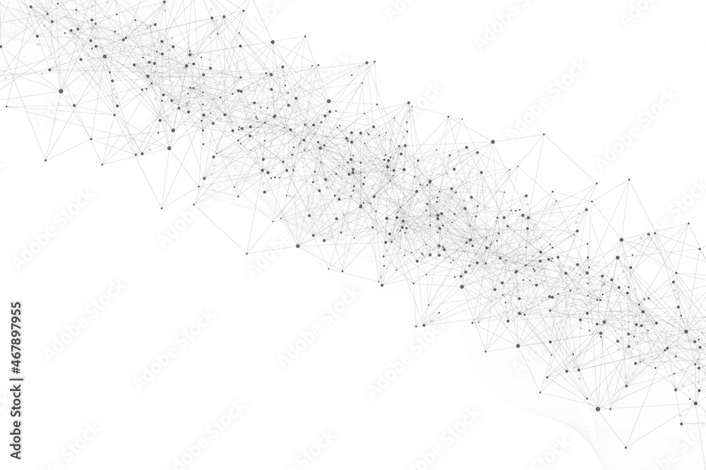 Poster Abstract plexus background with connected lines and dots. Wave flow. Plexus geometric effect Big data with compounds. Lines plexus, minimal array. Digital data visualization, illustration