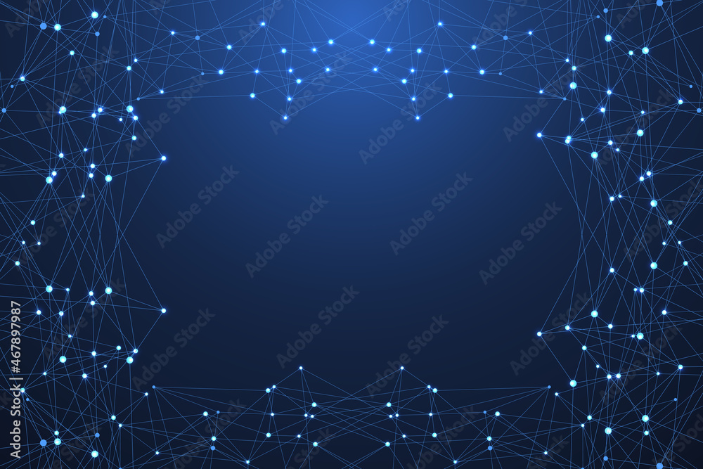 Poster Abstract plexus background with connected lines and dots. Wave flow. Plexus geometric effect Big data with compounds. Lines plexus, minimal array. Digital data visualization, illustration
