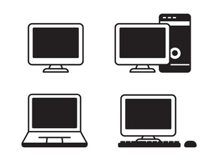 Set of computer and laptop icon with black color isolated on white background. Simple computer vector illustration