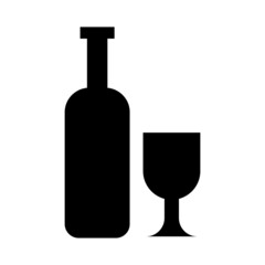 Black and white simple silhouette of glass bottle and wine glass. Vector flat icon of glassware for drinking