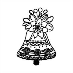 Vector hand drawn bells with bow. Black sketch on white background.