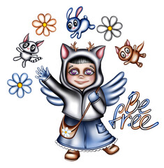 
Mori girl with forest animals and flowers, kid’s character, clipart for kids, scrapbooking, card making, sublimation design
