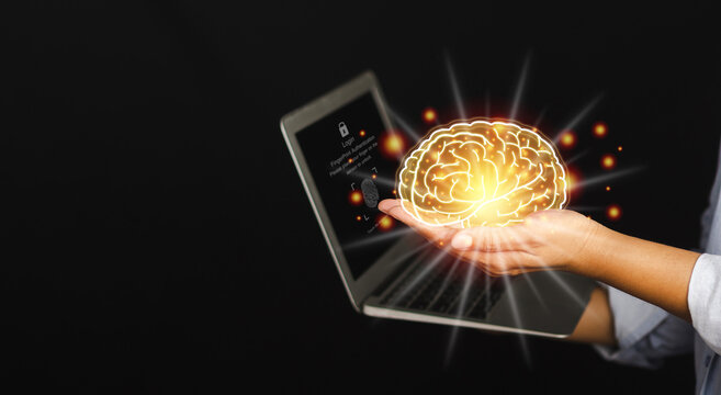 The virtual screen of the brain on the palm. Deep learning. Machine learning and artificial intelligence. Concept of AI Technology. Business analysis, innovation, technology in science and medical