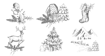 Christmas, New Year composition. Vector illustration, sketch, drawing.