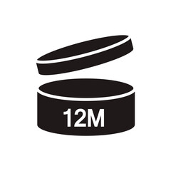 12m Period after the set of open icons. PAO symbols. Round box with open lid. Expiry date in months signs for cosmetic packaging on a transparent background.