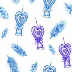 Holidays Christmas, Happy New Yew seamless pattern with christmas tree toys - bell and spruce in blue retro style. Watercolor hand drawn painting illustration isolated on white background.