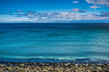View on the turquoise waters of St Lawrence river in Godbout, a small village of Cote Nord, in Quebec (Canada)