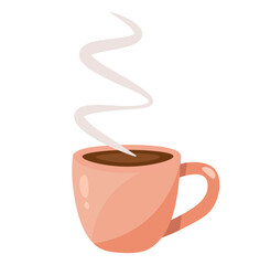 Hot coffee cup for your design. Light brown ceramic mug with coffee or tea. Steam clubs. Minimalism. Good morning poster. Vector flat isolated illustrations of mug of strong drink close up.