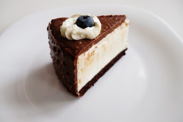 Slice of Pigeon's milk cake on white plate. Chocolate, blueberry, cream