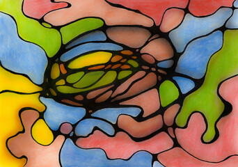 Neurographic concept abstract art colorful illustration egg shape, lines, markers and pencils drawing