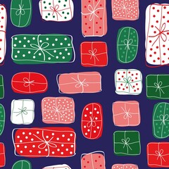 Seamless Christmas pattern. colored gifts in a package on a blue background. vector texture. fashionable print for textiles, wallpaper and packaging.