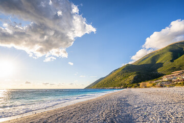 Sea landscape with mountains and clouds in Albania.