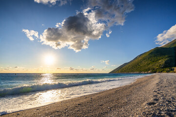 Sea landscape with mountains and clouds in Albania.