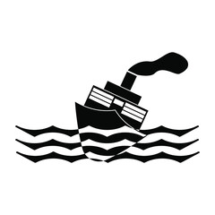 Ship wrecked at sea, strong wind, black sign for design on white background, disaster icon, vector illustration