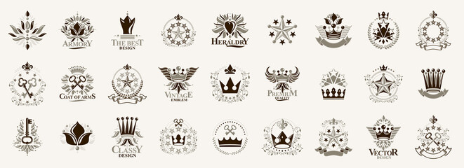 Crowns and stars vintage heraldic emblems vector big set, antique heraldry symbolic badges and awards collection with coronets, classic style design elements, family emblems.