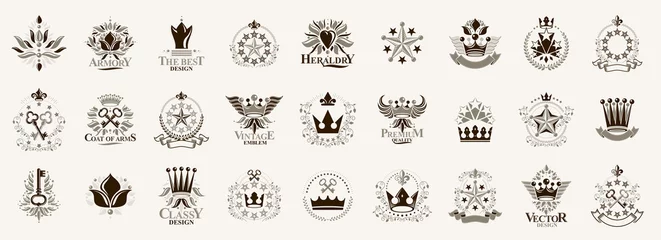 Fotobehang Crowns and stars vintage heraldic emblems vector big set, antique heraldry symbolic badges and awards collection with coronets, classic style design elements, family emblems. © Sylverarts