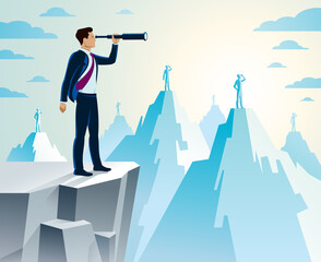 Businessman looking for opportunities in spyglass standing on top peak of mountain business concept vector illustration, successful young handsome business man searches new perspectives.