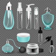 Realistic empty cosmetic bottle and transparent containers with cap set. Cosmetics packaging mockup