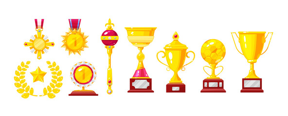 Golden award, trophy, cup, medal, laurel wreath, king crown and scepter, magic lamp set