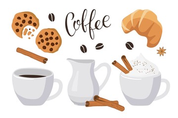 Coffee text with two coffee mugs, creamer, croissant, cookies, cinnamon. Vector calligraphy lettering. Logo for coffee company. Template of banner or poster for coffee shop, restaurant, cafe.