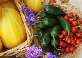 Korean Melons With Jalapeno Pepper and cherry Tomatoes for sale at Farmers Market